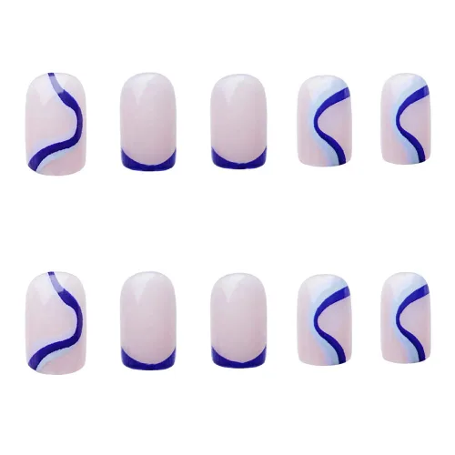 Vista 2 de Uñas postizas cortas cuadradas a presión, uñas postizas francesas acrílicas de cobertura completa, uñas postizas brillantes, puntas de remolino azul