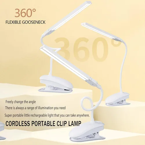 Vista 6 de Lámpara de escritorio LED de doble cabeza con abrazadera, luces de clip para oficina en casa, lámparas de mesa recargables de 3500 mAh, 3 modos