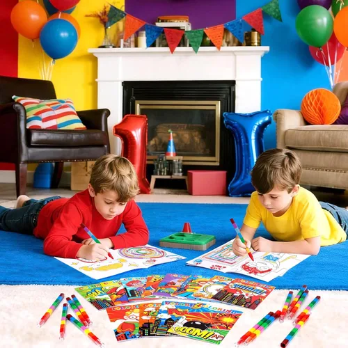 Vista 6 de BenLouis 24 mini libros para colorear de héroe para niños con 24 crayones apilables, recuerdos de fiesta de héroes, libros de actividades a granel