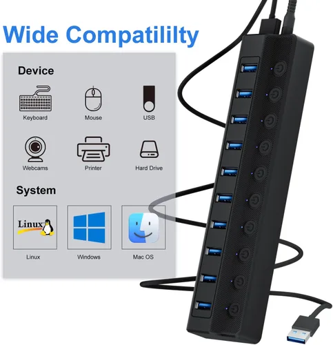 Vista 3 de ONFINIO Hub USB 3.0, concentrador divisor USB de 10 puertos