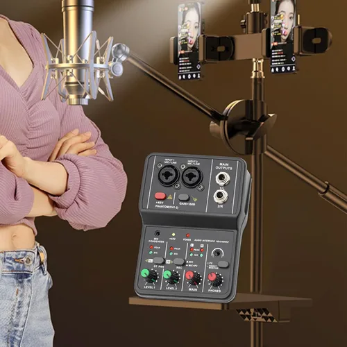 Vista 7 de Mini interfaz de consola mezcladora de 2 canales con alimentación fantasma de 48 V, mezclador de audio profesional, estéreo de 0.138 in, conector