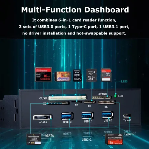 Vista 2 de Lector de tarjetas interno 5.25 pulgadas de alta velocidad frontal USB 3.0 Interfaz multifunción lector de tarjetas interno tablero de instrumentos