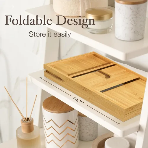 Vista 2 de Bambüsi Mesa de bandeja de bañera, plegable y ajustable, bandeja de bañera de bambú plegable, accesorios de bañera de madera, regalos únicos