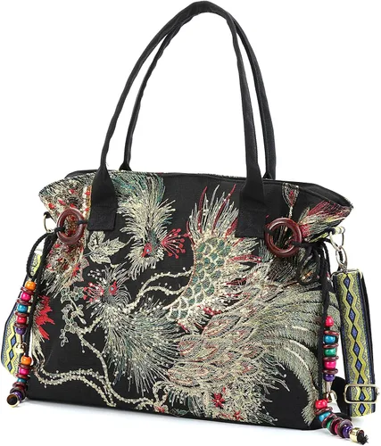 Vista 7 de Jursccu Bolsos de lona para mujer, bolsos bordados, bolsos de hombro casuales elegantes