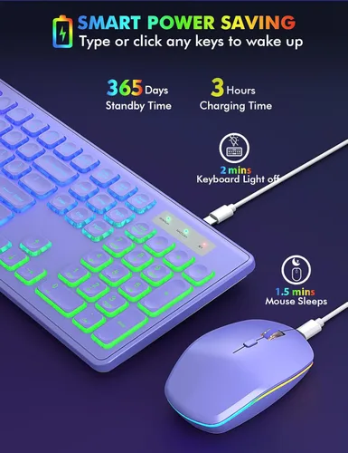 Vista 3 de Combo de teclado y mouse inalámbricos, retroiluminación RGB, recargable y letras iluminadas, tamaño completo, escritura suave, modo de suspensión