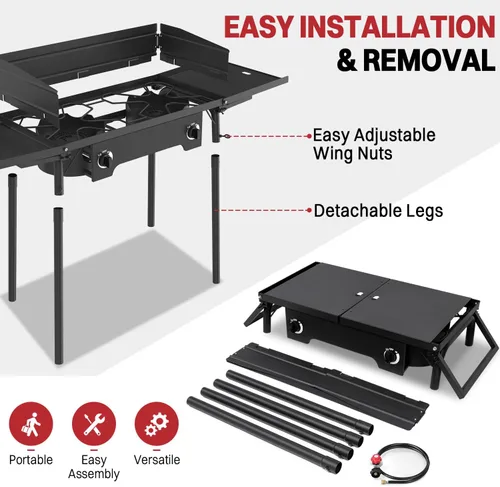 Vista 6 de Estufa de Campamento de Propano de 2 Quemadores Quemadores de Gas de 150,000 BTU Estantes Laterales Parabrisas Cubierta Impermeable Patas