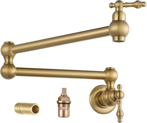 Vista 10 de WOWOW Grifo de llenado de ollas de bronce antiguo, grifo de cocina de montaje en pared de latón con brazos oscilantes de doble junta