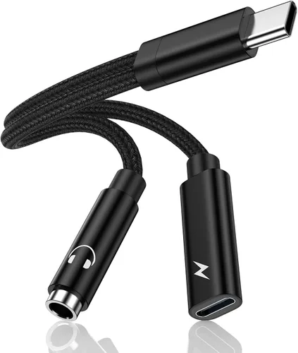 Adaptador de auriculares Samsung Galaxy S26, 2 en 1, USB C a conector de audio auxiliar de 0.138 in con cable de carga rápida de 60 W para Galaxy