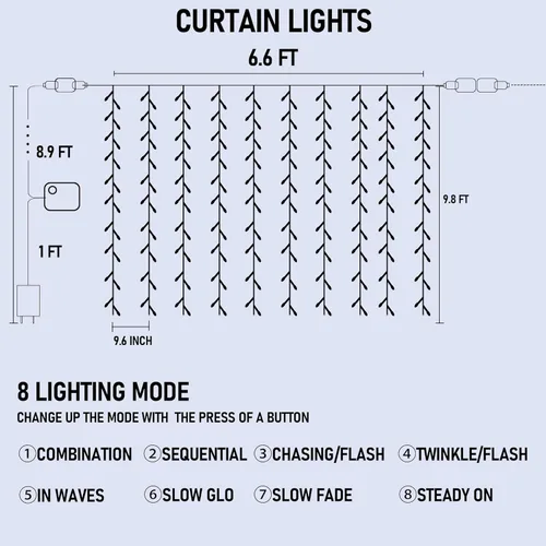 Vista 4 de FUNPENY Guirnalda de luces para cortina de ventana, 300 LED, 8 modos de iluminación, luces de hadas alimentadas por USB, luces impermeables