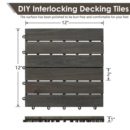 Vista 2 de PrimeZone - 9 azulejos entrelazados de madera de acacia sólida para terraza, patio, 12 x 12 pulgadas, impermeables, para interiores y exteriores