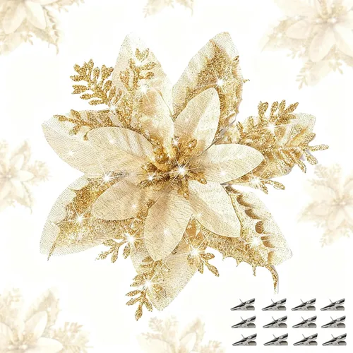 Vista 11 de LumBelle 24 piezas de flores artificiales de Navidad con purpurina de 5.9" con clips para árbol de Navidad, corona de Navidad DIY, adornos para Azul