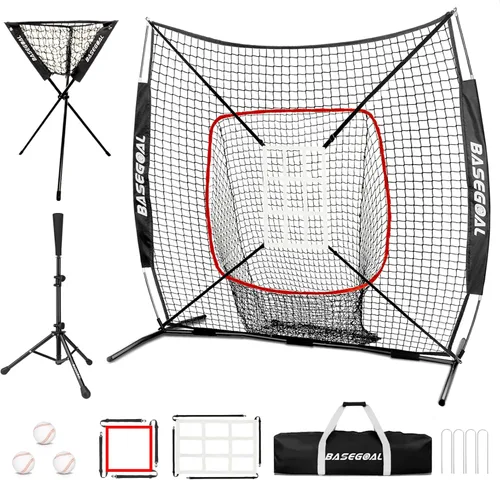 BaseGoal 6'×6' Baseball Softball Practice Net,Baseball Backstop,with Batting Tee,Ball Caddy,for Hitting Pitching Batting Catching with Bow