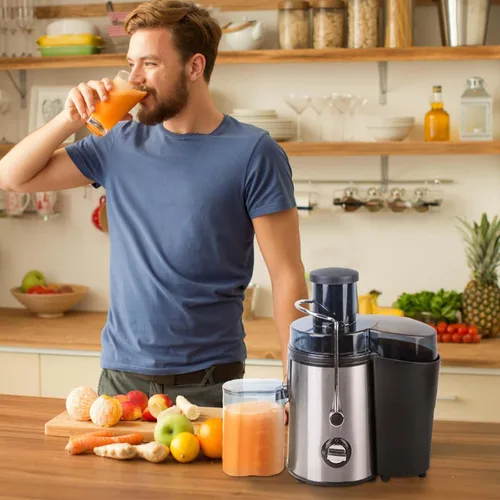 Vista 8 de Máquina exprimidora, extractor centrífugo de 1000 W para verduras y frutas con ajuste de 3 velocidades, máquina exprimidora centrífuga de acero