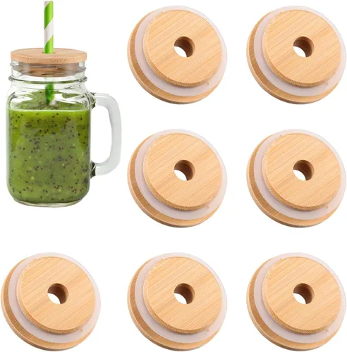 Vista 5 de 8 unids tarro de bambú tapa botella cubierta de bambú frasco sellado tapa botella para vidrio s s sellador