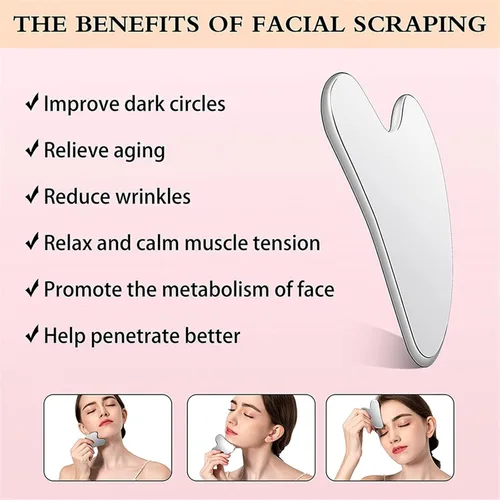 Vista 2 de Gua Sha Tools - Herramienta de masaje Gua Sha de acero inoxidable para cara como masajeador facial o herramienta de cuidado de la piel, 1 unidad