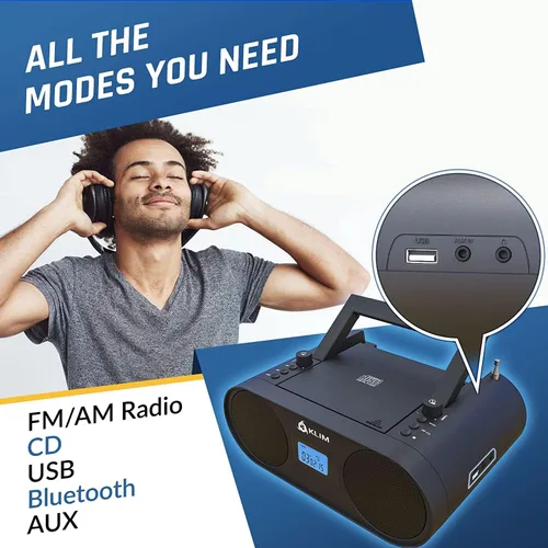 Vista 3 de Klim Boombox B4 - Sistema de audio portátil con reproductor de CD + radio AM/FM con reproductor de CD, MP3, Bluetooth, AUX, USB + modo inalámbrico e