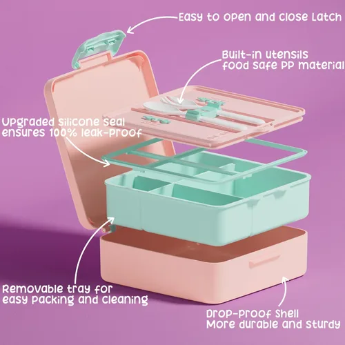 Vista 4 de Fimibuke Lonchera Bento para Niños con 4 Compartimentos, Bolsa de Almuerzo Aislada, Botella de Agua Aislada de Acero Inoxidable, Paquete de Hielo