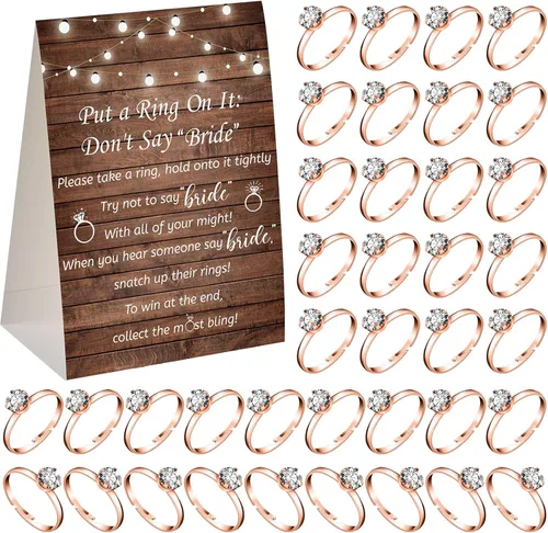 Vista 9 de Woanger Juego de despedida de soltera con 50 anillos falsos, temática de vegetación rústica, juegos de boda, anillos de compromiso y tarjetas de Oro