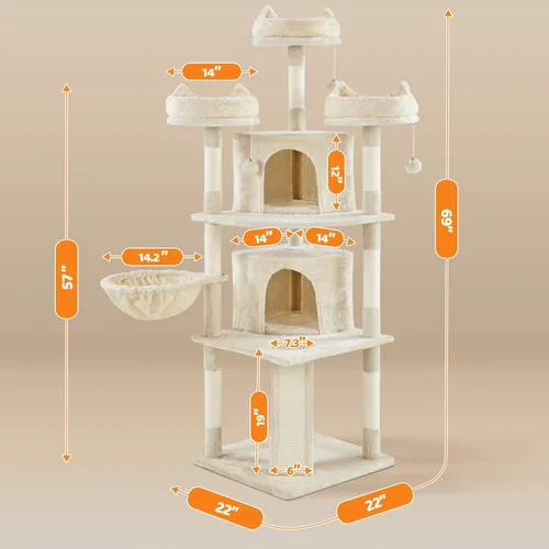 Vista 9 de Yaheetech Árbol para gatos de 68.5 pulgadas, torre de varios niveles para gatos con condominio grande y perchas acogedoras, casa de juegos estable