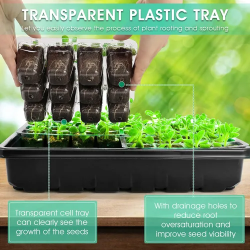 Vista 5 de Bandeja para inicio de semillas con luz de crecimiento, kit de 96 celdas, bandejas de inicio de plántulas con cúpulas de humedad, temporizador