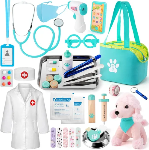 Sundaymot Kit de Doctor para Niños, 37 piezas de juguetes de jugar al Doctor, kit de Doctor para niños pequeños de 3 a 5 años, con juguete de perro,