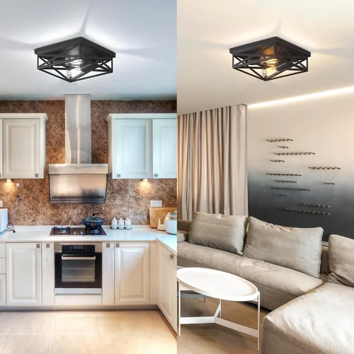 Vista 7 de Lámpara de techo negra moderna de montaje empotrado, 2 luces para dormitorio y pasillo, jaula de metal industrial de granja cerca del techo, luces
