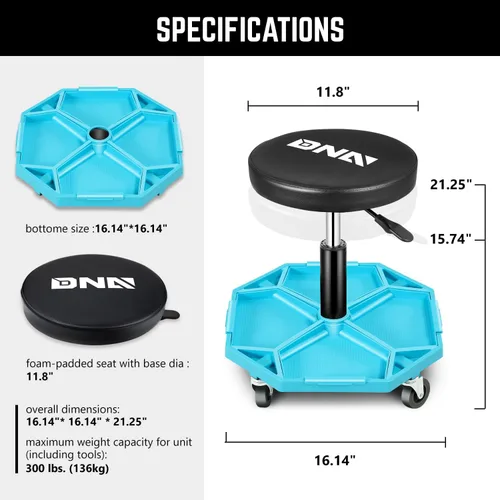 Vista 2 de DNA Motoring - Taburete mecánico neumático de altura ajustable para garaje con bandeja de herramientas, asiento rodante, capacidad máxima de 300 Azul