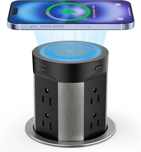 Kungfuking Toma de corriente desplegable para cocina de encimera, cargador inalámbrico de 15 W, alimentación eléctrica de encimera USB C de 75 W, 8