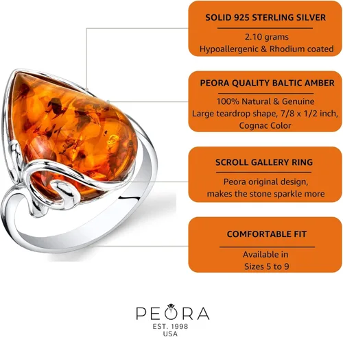 Vista 4 de Anillo grande de ámbar báltico con lágrima, plata de ley, color coñac, tamaños 5-9