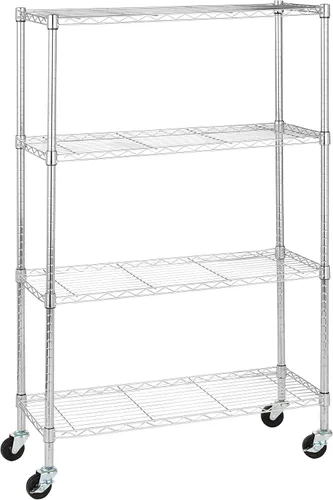 Amazon Basics - Estantería ajustable de 4 estantes, resistente unidad de almacenamiento con ruedas para fácil montaje, para uso en garaje o cocina,