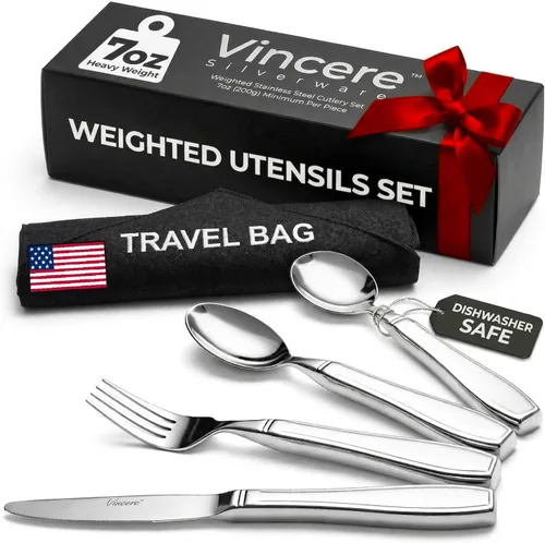 Utensilios con peso para temblores y Parkinson, juego de cubiertos de acero inoxidable pesado, cubiertos adaptativos para comer que ayudan con