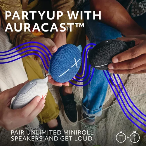 Vista 3 de Ultimate Ears MINIROLL Altavoz Bluetooth ultra portátil impermeable, graves grandes, IP67 a prueba de polvo, rango de 131 pies, azul suave
