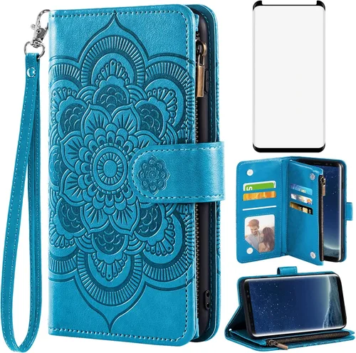 Asuwish Compatible con Samsung Galaxy S8 - Funda tipo cartera y protector de pantalla de vidrio templado, funda de cuero con diseño de flores,