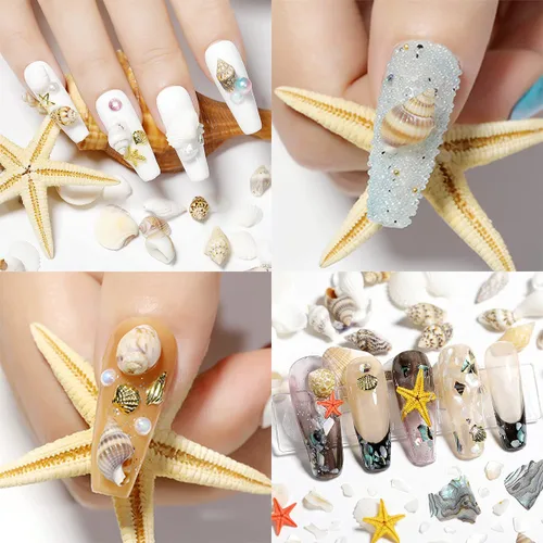 Vista 5 de Diamantes de imitación para uñas de playa de verano, diseño de concha y remaches con diseño de estrella de mar, diseño de concha y remaches