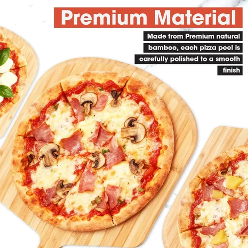 Vista 7 de Pala de pizza de bambú de 16 pulgadas, tabla grande de 16 pulgadas con mango largo, borde biselado fácil de deslizar para hornear, transferir