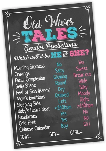 Old Wives Tales - Póster de juego de fiesta de revelación de género, 11 x 17 pulgadas, negro, rosa y azul, suministros de fiesta para niños o niñas