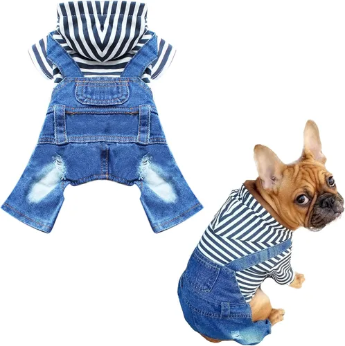 Vista 9 de Ropa con capucha para perro pequeño, camisas de rayas lindas, mono de mezclilla de una pieza, atuendo para perros pequeños, medianos, gatos, niño