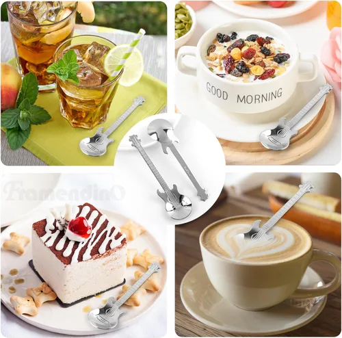 Vista 4 de Framendino, Paquete de 6 cucharas plateadas de postre de guitarra de acero inoxidable, cucharaditas de café expreso, cuchara musical para revolver