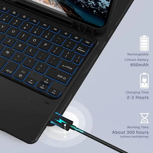 Vista 5 de Funda con teclado táctil retroiluminado para Xiaomi Mi Pad 5 Pro de 11 pulgadas, Funda de cuero con soporte con teclado inalámbrico desmontable Negro