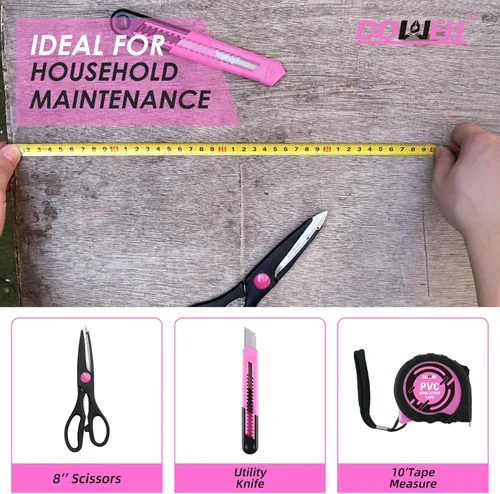Vista 4 de DOWELL Juego de herramientas para el hogar de 40 piezas rosa, kit de herramientas manuales generales para el hogar con estuche de almacenamiento