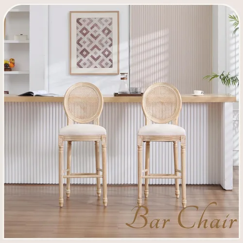 Vista 8 de Dining Chairs Set of 2, Table & Chair Sets with Natural Rattan Round Back, Upholstered Stackable Dining Room Chairs for Living Room, Kitchen