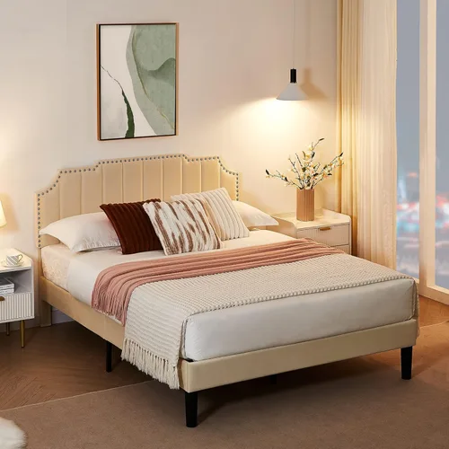 Vista 4 de VECELO Base de cama tamaño Queen tapizada con cabecera ajustable copetuda/base de colchón con soporte de listones de madera, fácil montaje, beige
