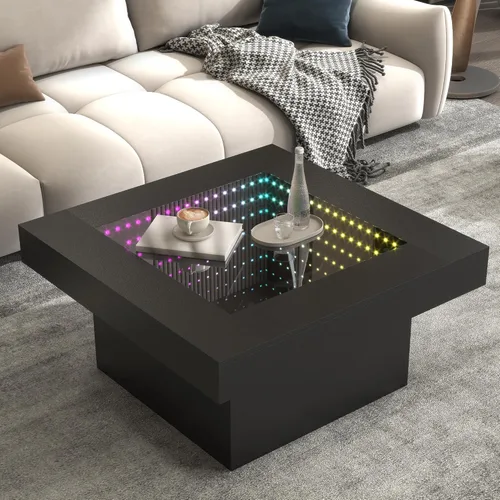 Vista 13 de FKWin Mesas de centro negras para sala de estar, mesa de centro LED con luces, moderna mesa de centro negra con superficie de alto brillo, mesa