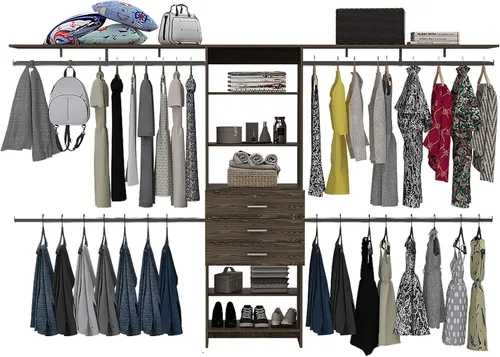 Vista 7 de Closet System 69" W 118" W, Four Hanging Rods, Three Drawers, Five Shelves, Dark Walnut