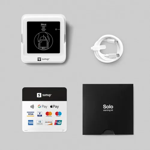 Vista 8 de SumUp Solo Lector de tarjetas de crédito con estación de carga. Interfaz de pantalla táctil completa con tarjeta SIM gratuita y datos móviles