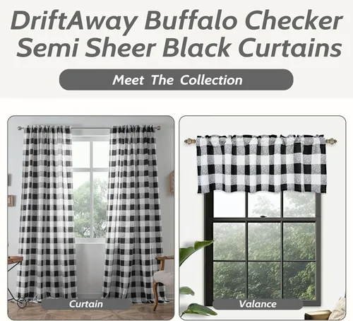 Vista 3 de DriftAway Cortinas semitraslúcidas a cuadros con bolsillo para barra, cortinas de granja a cuadros en blanco y negro para sala de estar, dormitorio