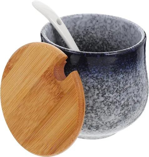 Vista 4 de Tazón de azúcar japonés retro de cerámica: caja de condimentos de cerámica, tarro de condimentos de porcelana Contenedor de especias Olla