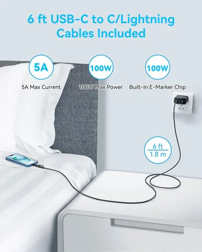 Vista 3 de MINLU GaN - Bloque de cargador USB C de 65 W, cargador de pared compacto de 3 puertos tipo C con cable USB-C/L 2 en 1 de 6 pies, 100 W, carga rápida