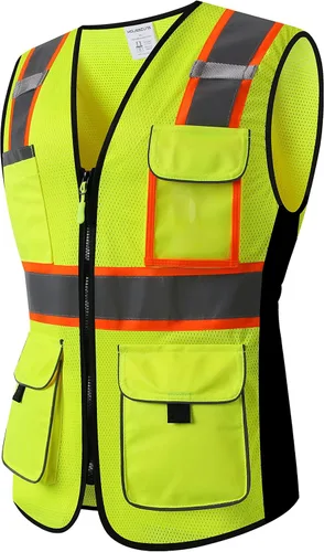 Vista 7 de Chaleco de seguridad para mujeres, chaleco de trabajo reflectante de alta visibilidad con 9 bolsillos múltiples y cremallera