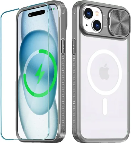 Vista 32 de Funda MagSafe transparente de titanio compatible con iPhone 15 Pro con cubierta deslizante para cámara, imanes fuertes, antiamarilleo, a prueba